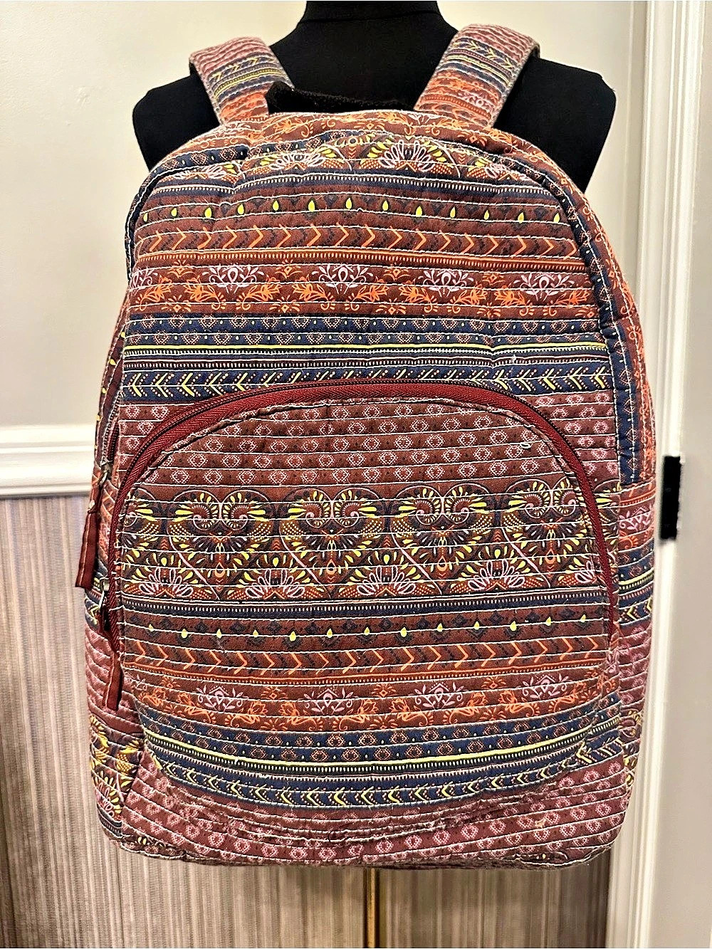 Boho Quilted Floral Paisley Backpack Burgundy Navy Multicolor